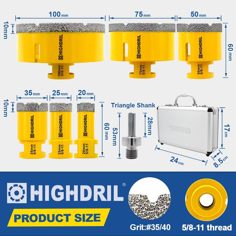HIGHDRIL Diamond Drill Bits Kit with 5/8-11 for Porcelain Tile Ceramic Marble Brick Concrete Vacuum Brazed Hole Saw(20/25/35/50/75/100mm) - Image 2